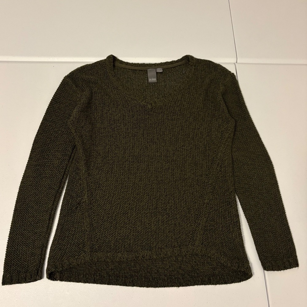 Quinn Olive Green V-Neck Sweater Elbow Patches Dark Academia Knit Medium tt